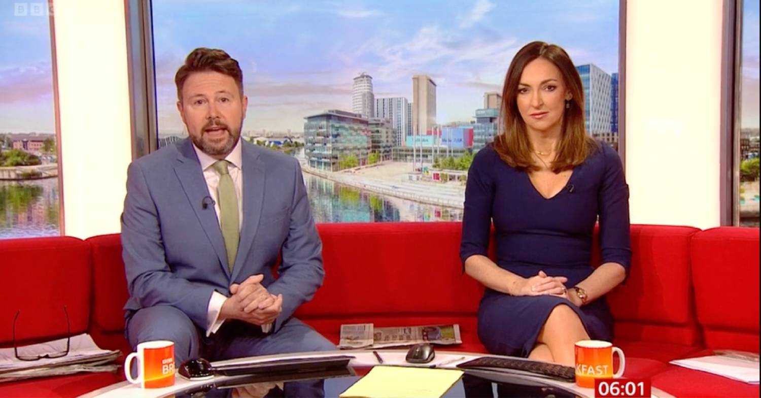 Jon Kay sits alongside Sally Nugent on BBC Breakfast