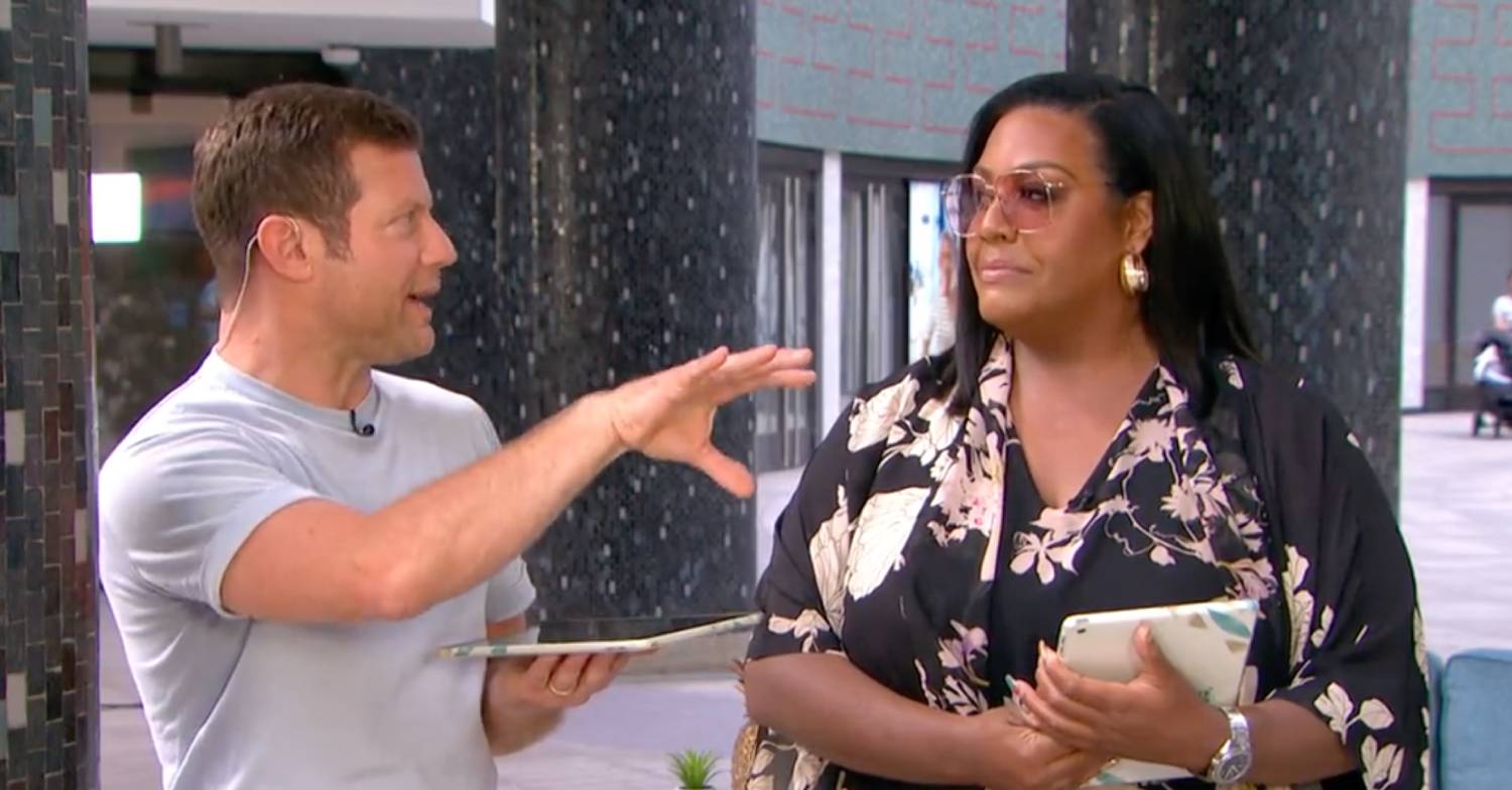 Dermot O'Leary gesticulates and Alison Hammond holds an iPad on This Morning today