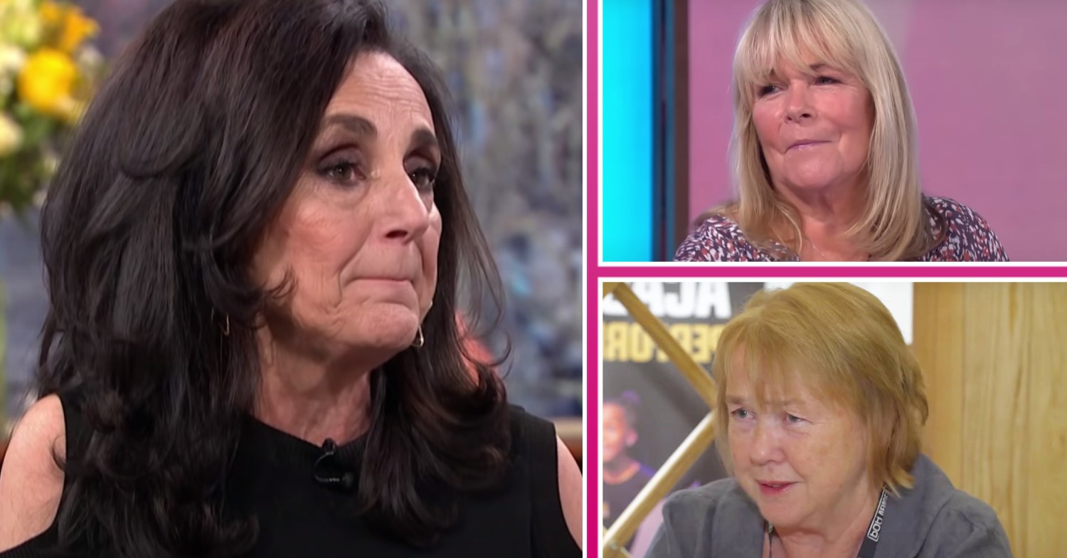 Lesley Joseph looks sad while other Birds of a Feather cast members Linda Robson and Pauline Quirke look confident and unsure respectively