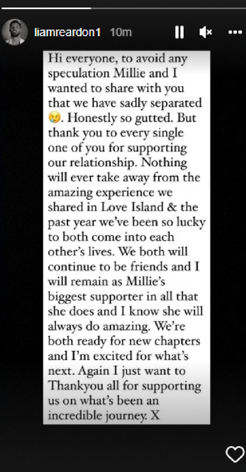 Love Island star Liam announces split from Millie in statement on Instagram