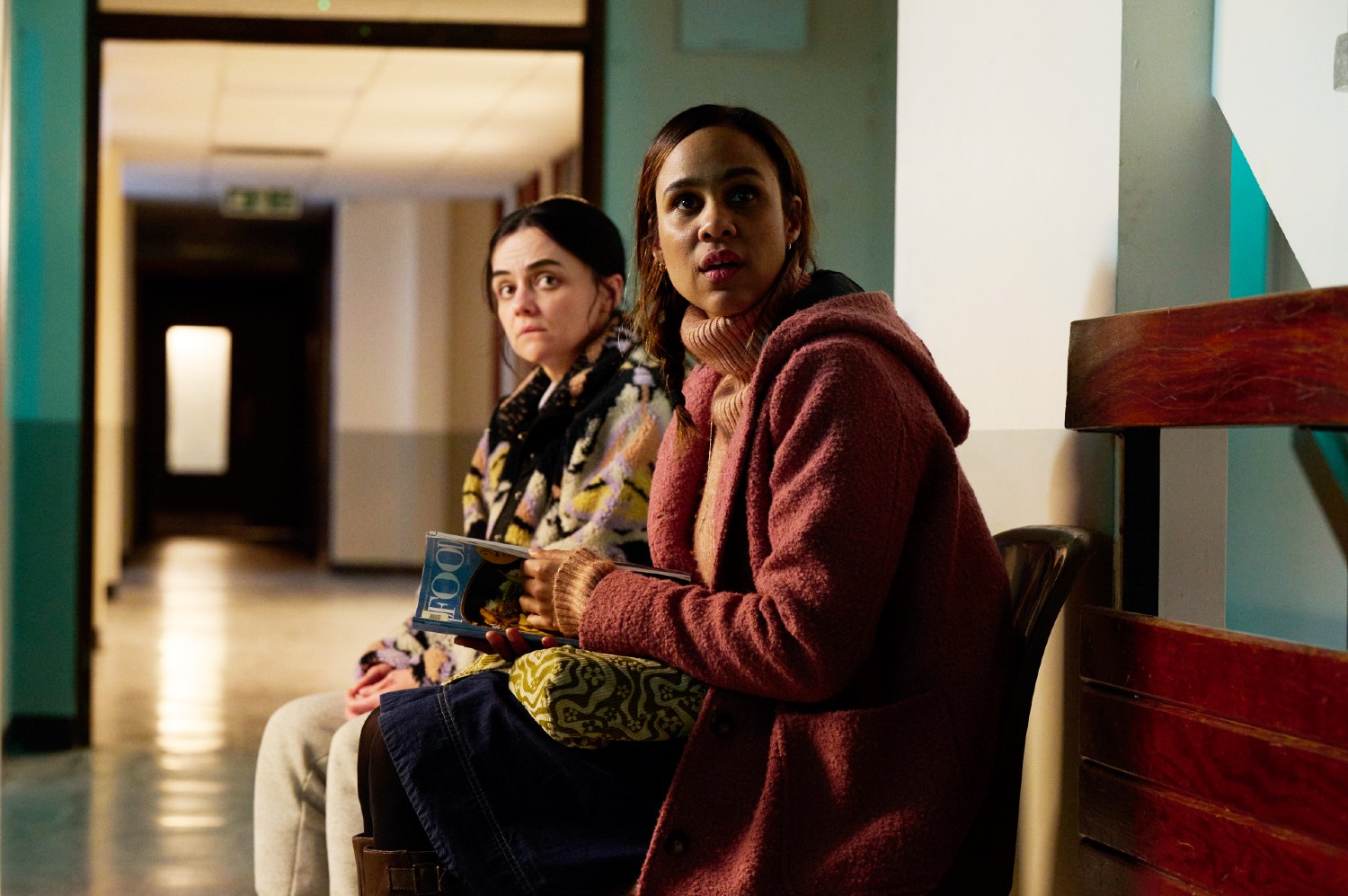 Hayley Squires and Zawe Ashton look worried in Maryland