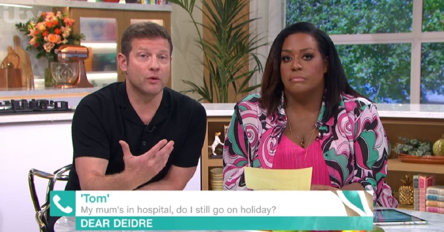 Dermot and Alison looking towards camera during This Morning phone-in today