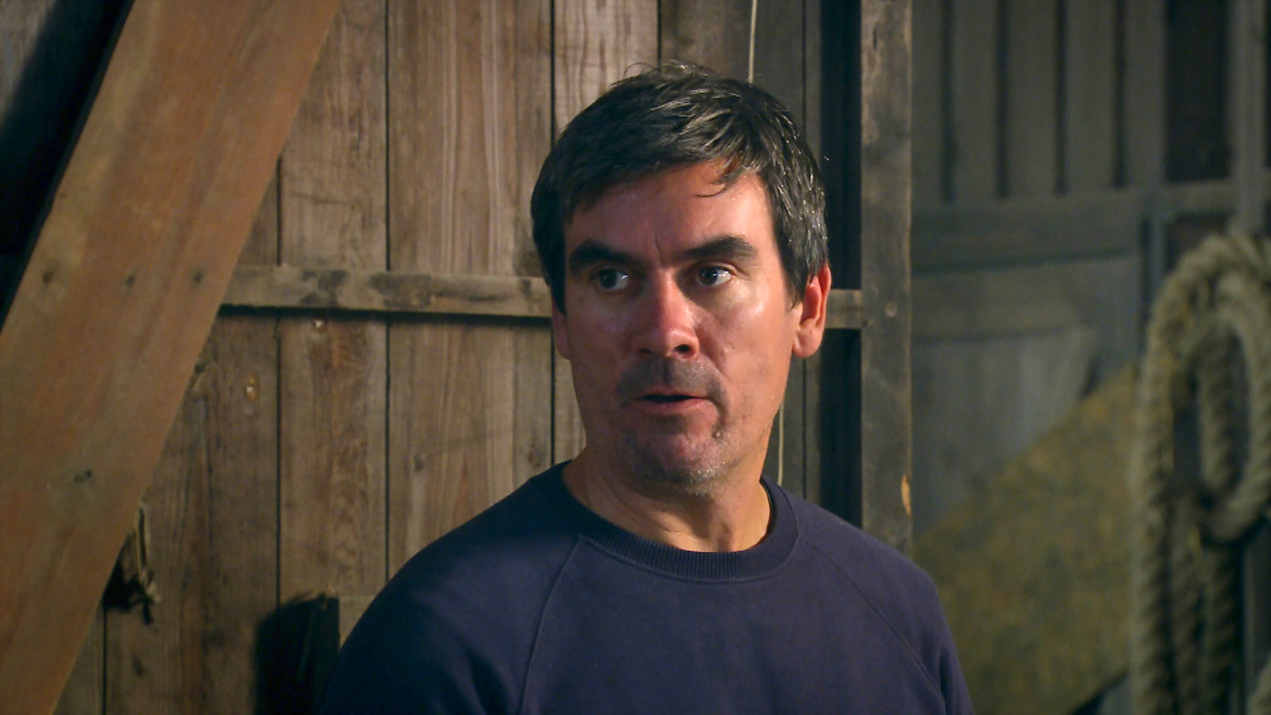 Jeff Hordley as Cain Dingle looks worried in Emmerdale