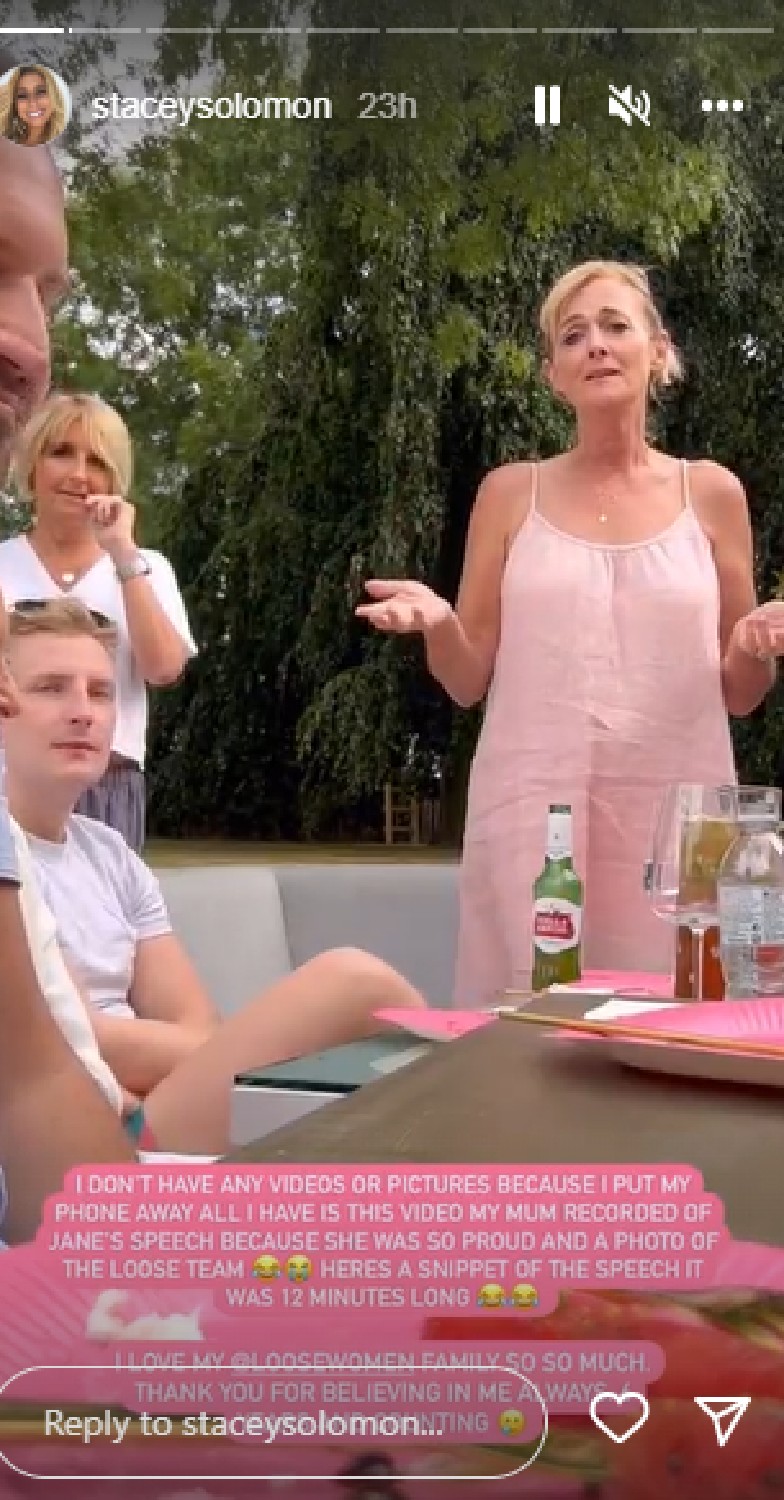 Jane Moore delivers speech in video shared on Stacey Solomon Instagram