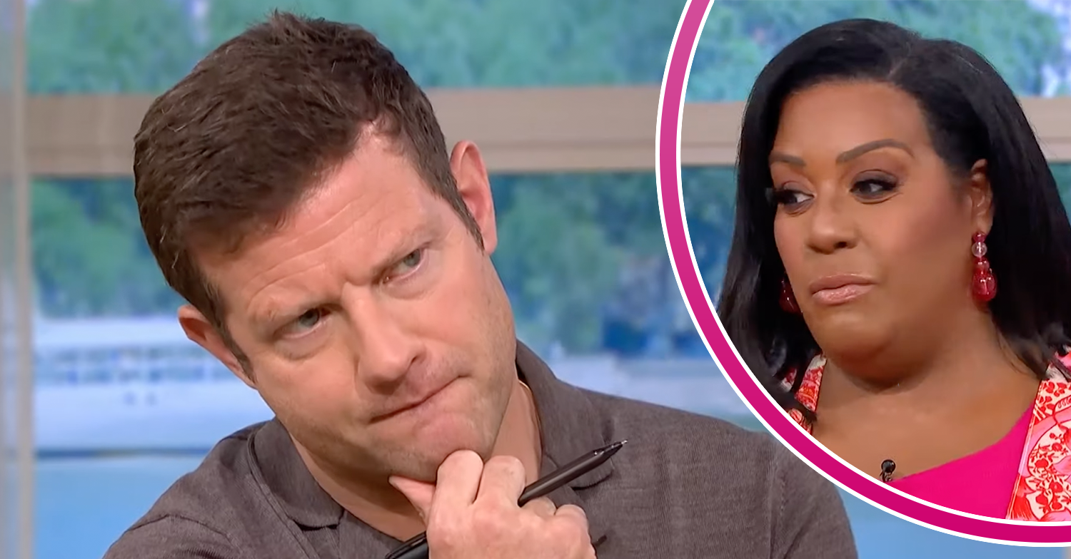 Dermot O'Leary looking puzzled and Alison looking stern on This Morning