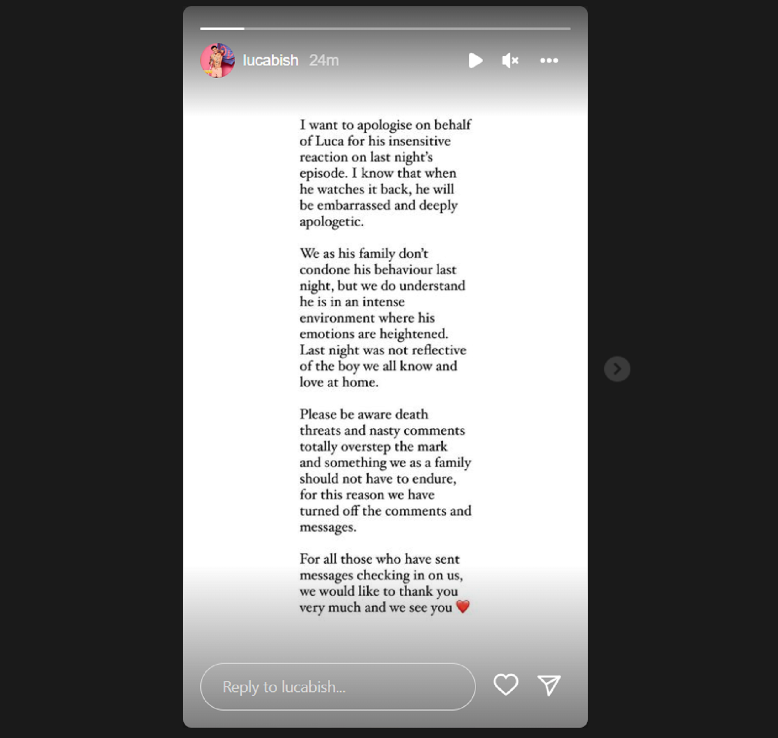 Luca from Love Island's family posting on Instagram Stories