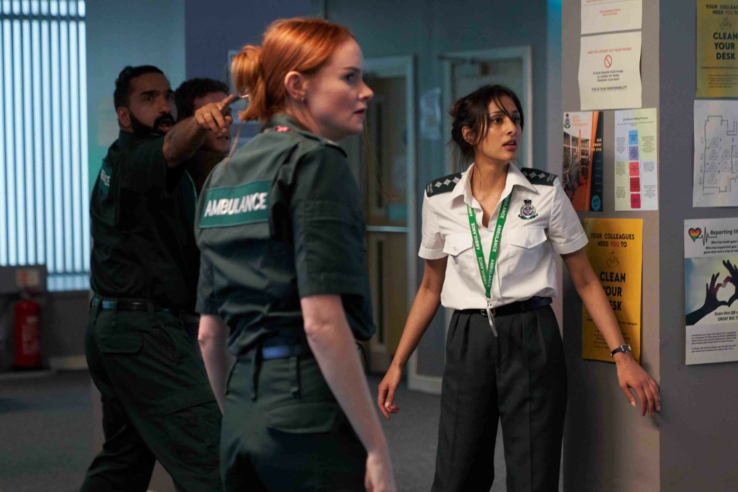 Rona Morison's Danni looking scared with colleagues in The Control Room