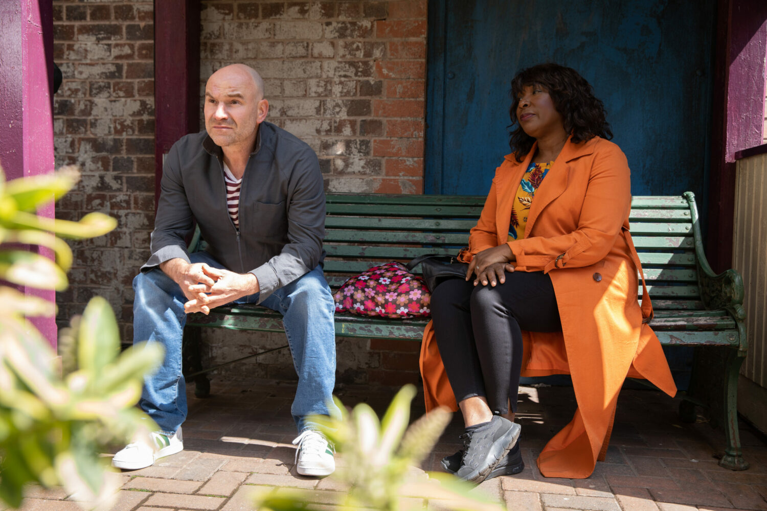 Tim confides in Aggie on a bench on Coronation Street