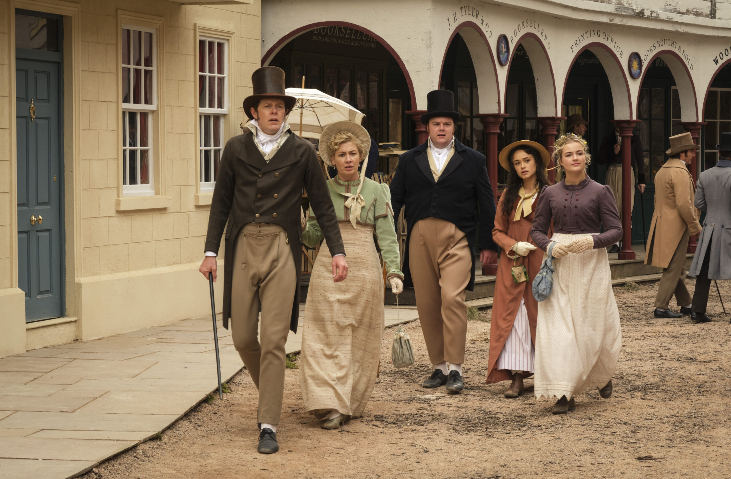 Sanditon S2_Ep3. Picture shows: Tom Parker (KRIS MARSHALL), Mary Parker (KATE ASHFIELD), Arthur Parker (TURLOUGH CONVERY), Charlotte Heywood (ROSE WILLIAMS) and Alison Heywood (ROSIE GRAHAM). Photographer: Joss Barratt