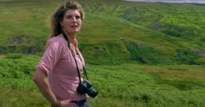 Amanda Owen wearing a camera around her neck on Our Yorkshire Farm