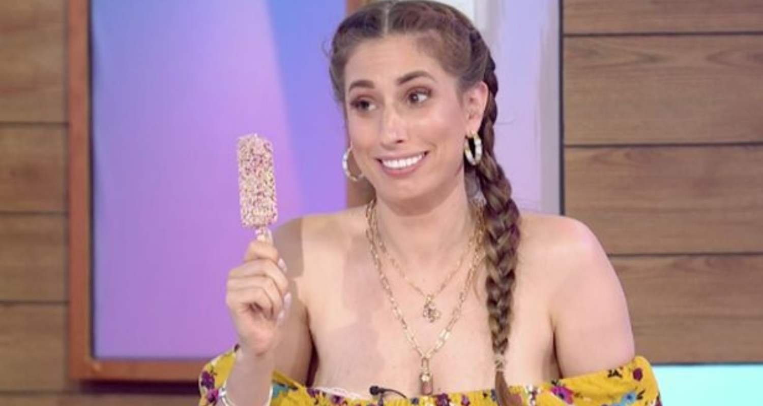 Stacey Solomon smiles and holds lolly on Loose Women