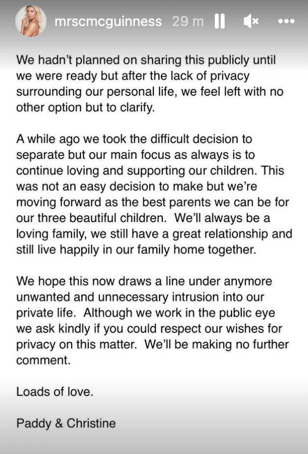 Christine and Paddy McGuinness' split statement