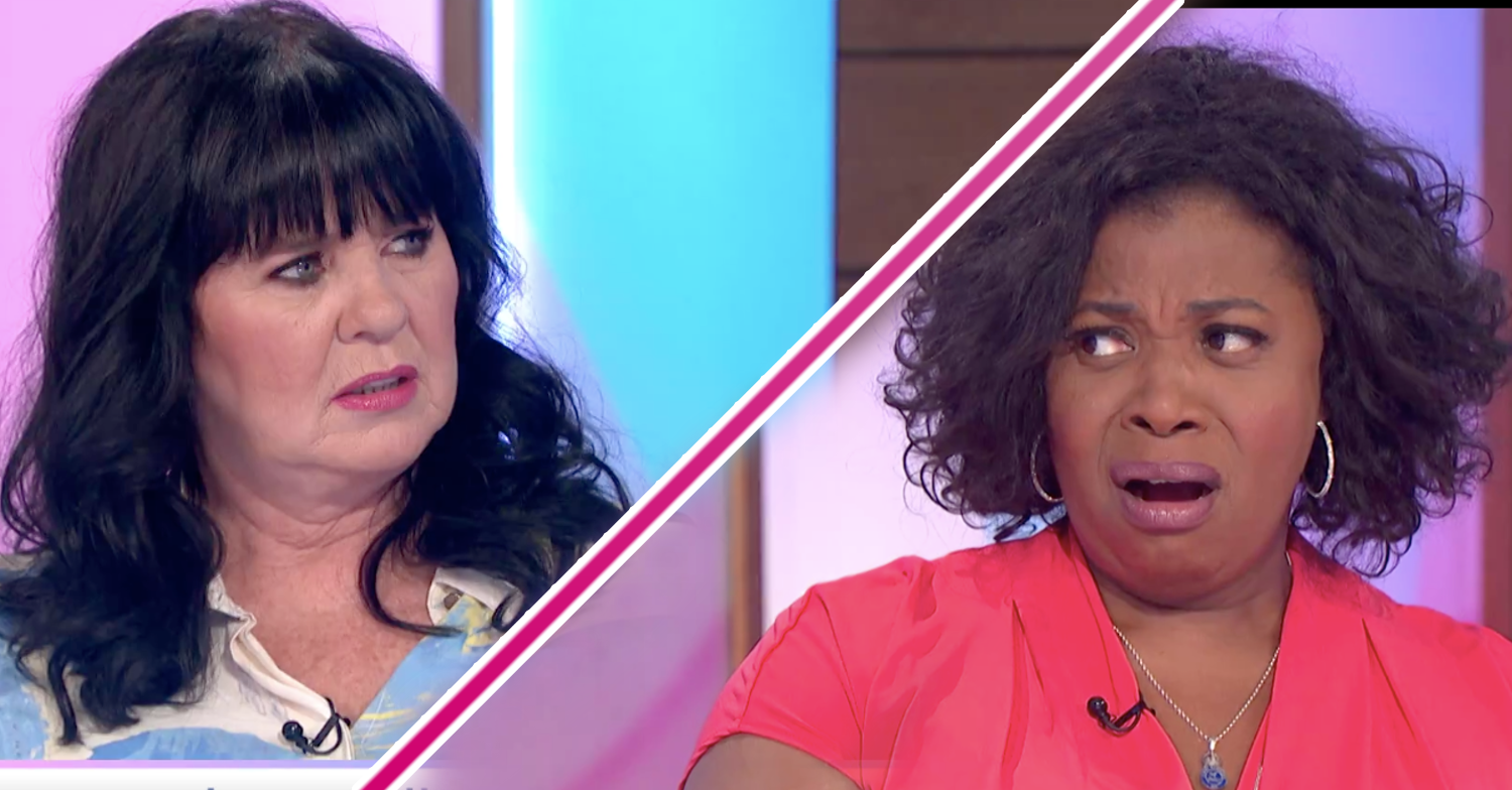 Coleen on left of split frame, Brenda Edwards on the right side with a horrified look on her face