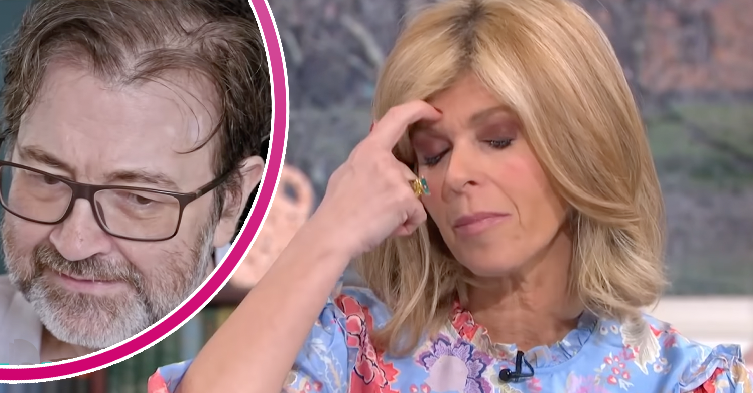 Kate Garraway looking stressed and Derek inset