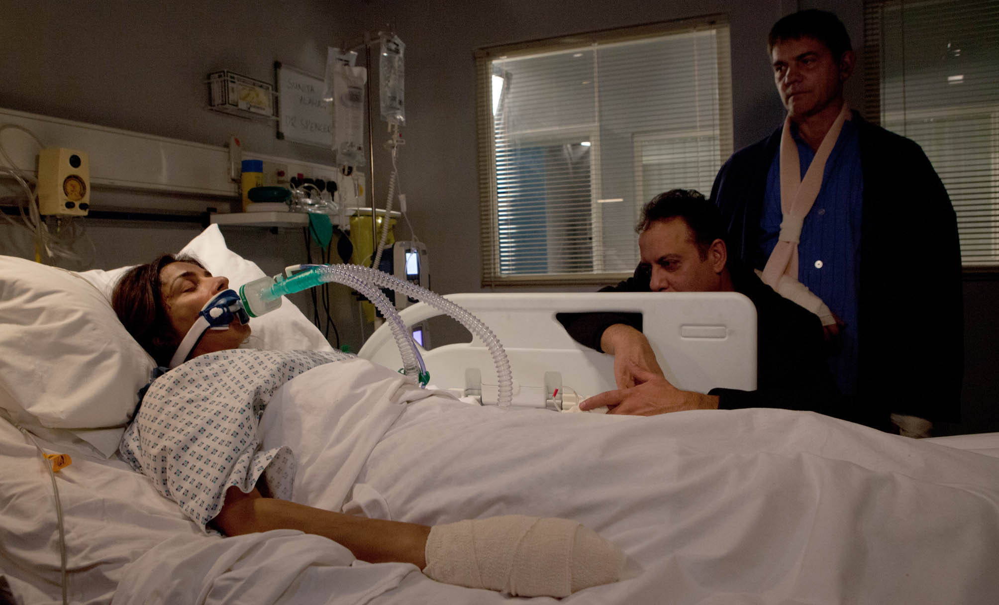 Coronation Street Sunita lies in hospital as Dev and Karl watch on