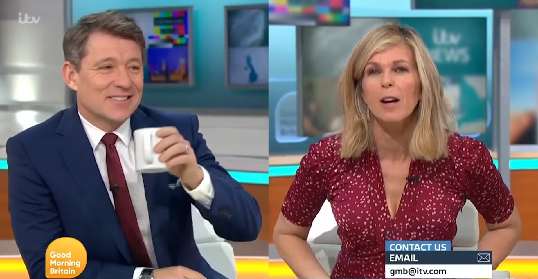 Ben Shephard sips tea while Kate Garraway talks on GMB
