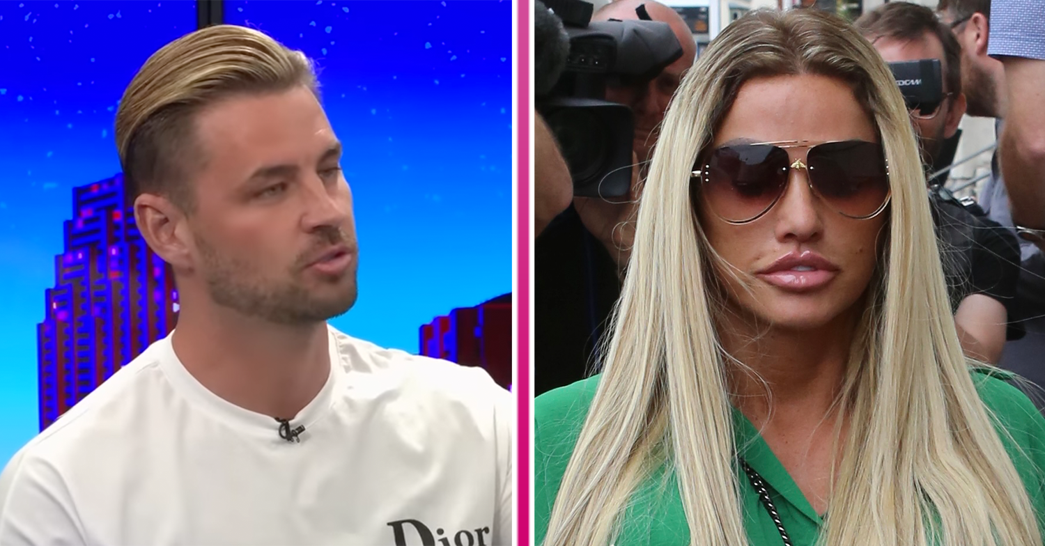 Carl Woods and Katie Price side by side split by a pink line