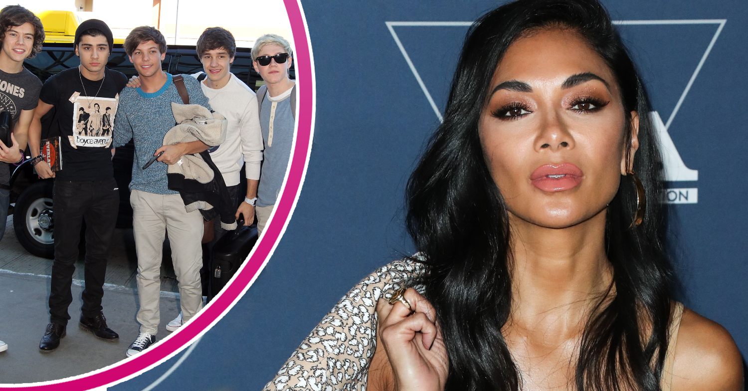 Nicole Scherzinger poses in large photo while an old picure of one direction is places in a half circle in the left corner