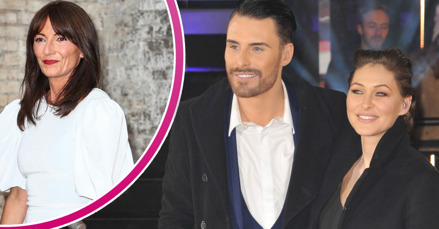 On the right, Emma Willis and Rylan Clark stand close together. In a circle on the left, Davina McCall stands smiling in a white dress.