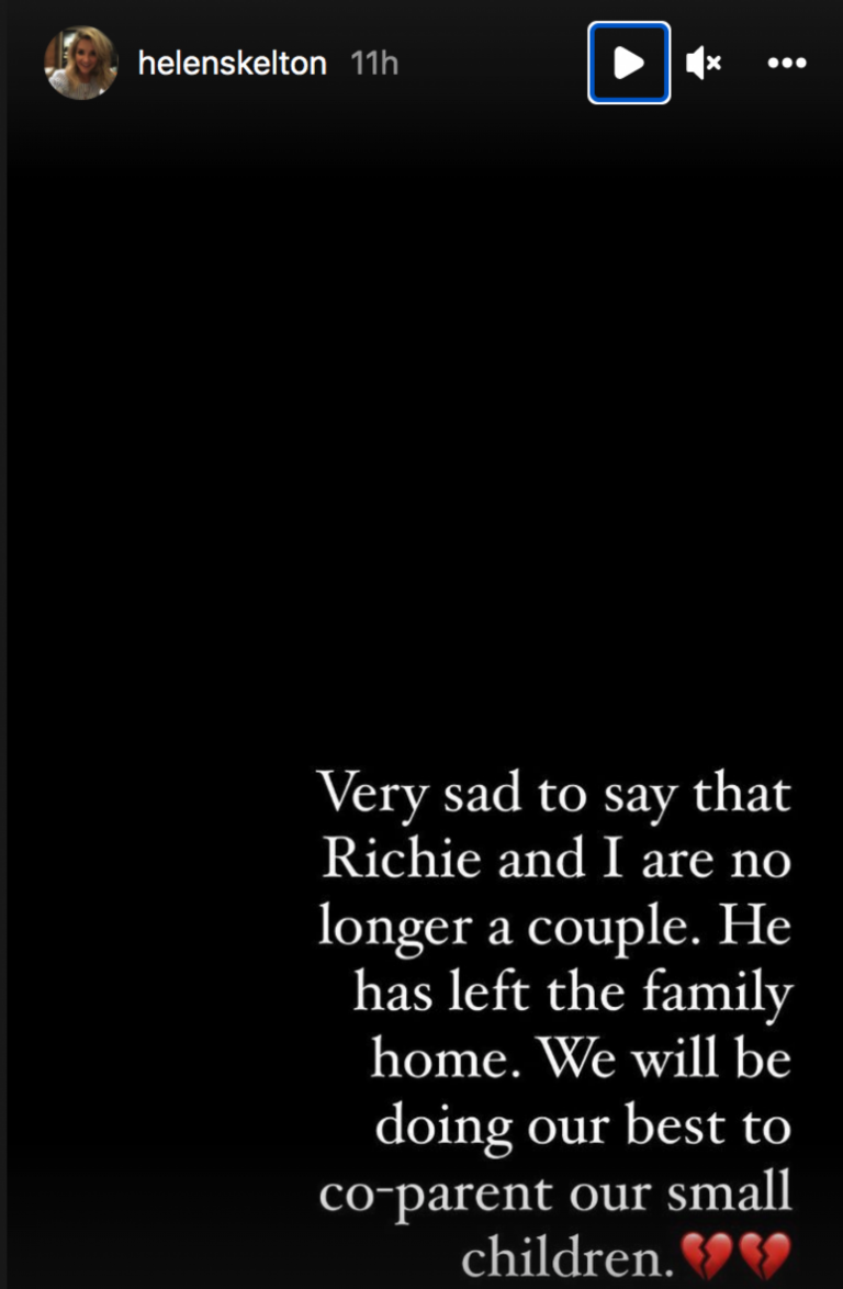 Black background with white writing stating "Very sad to say that Richie and I are no longer a couple. He has left the family home. We will be doing our best to co-parent our small children."