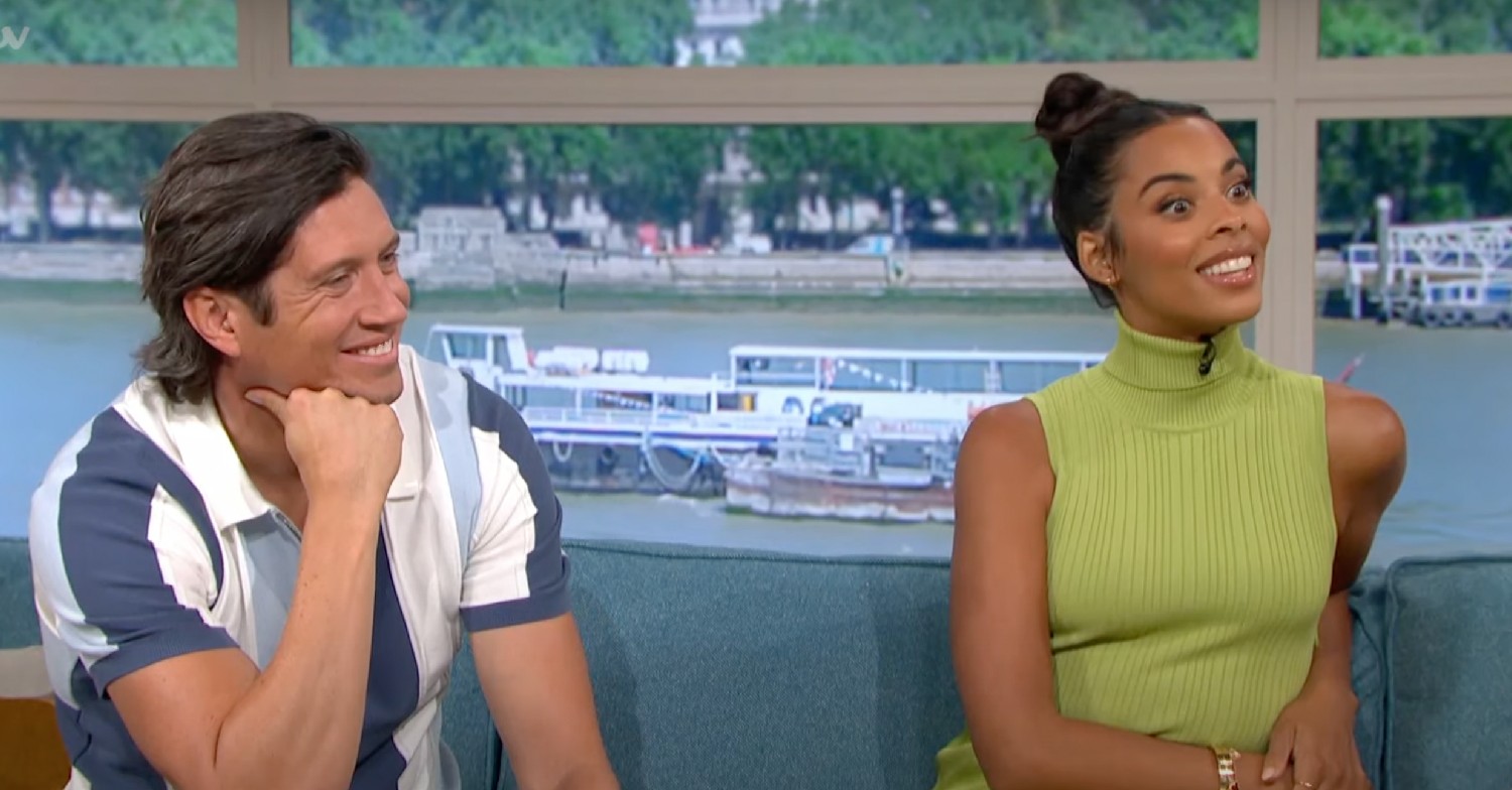 Vernon Kay and Rochelle Humes smiling on This Morning today