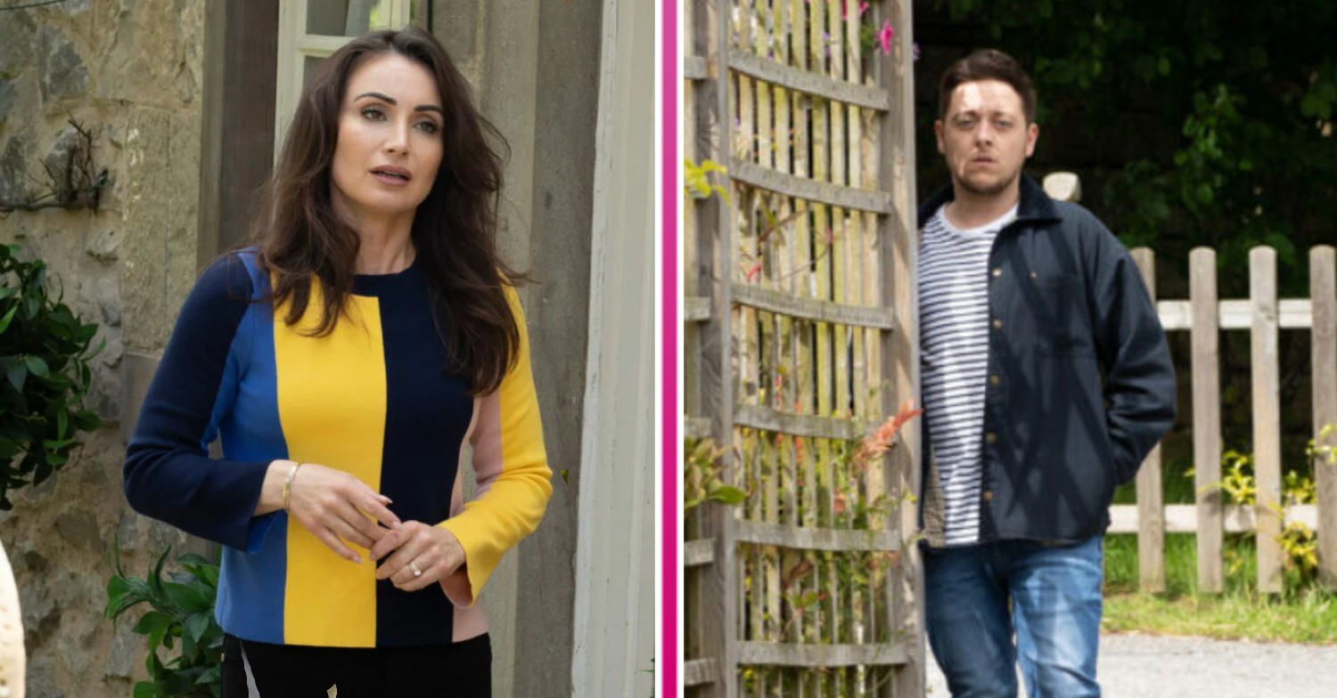 Leyla yellow and black top Matty spying in grey with jacket