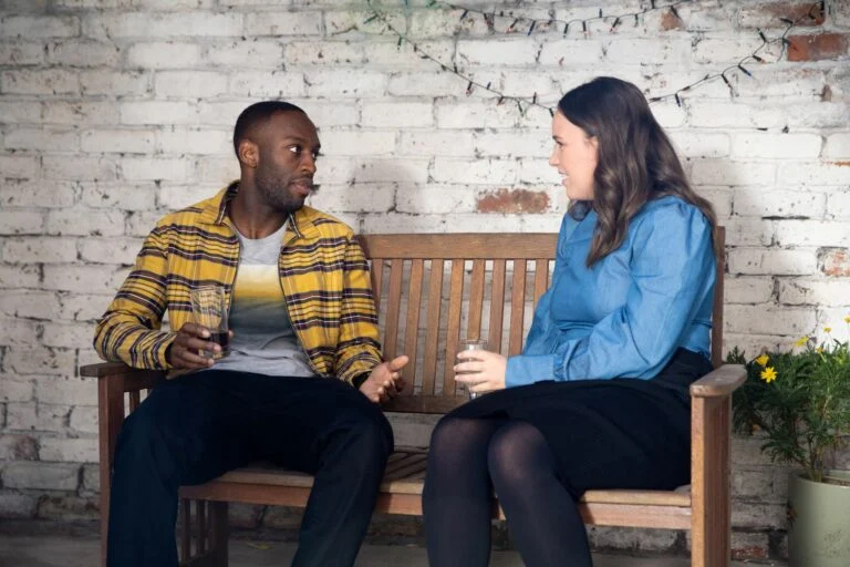 Michael and Faye in the Rovers yard Coronation Street