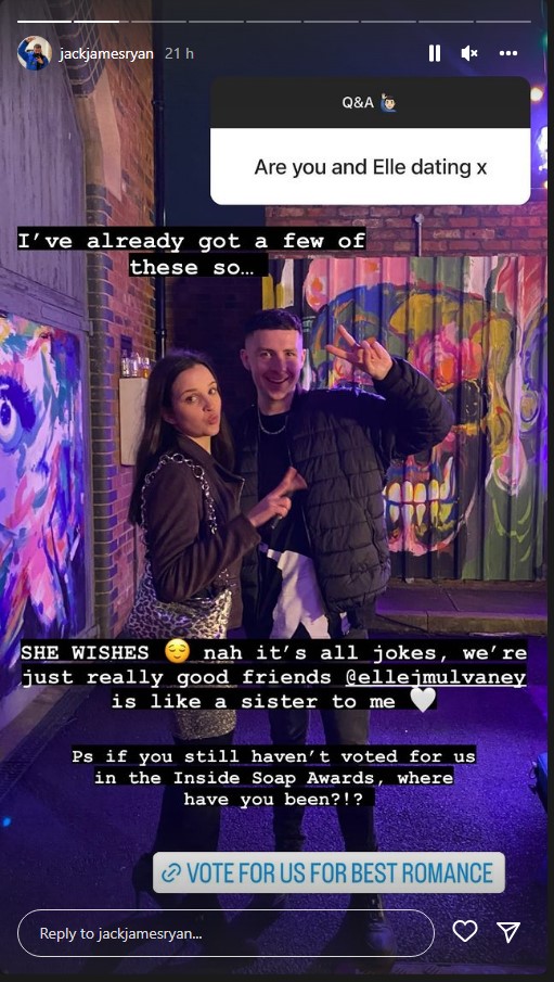 Jack James Ryan Instagram screenshot Elle Mulvaney writing Q&A caption emojis