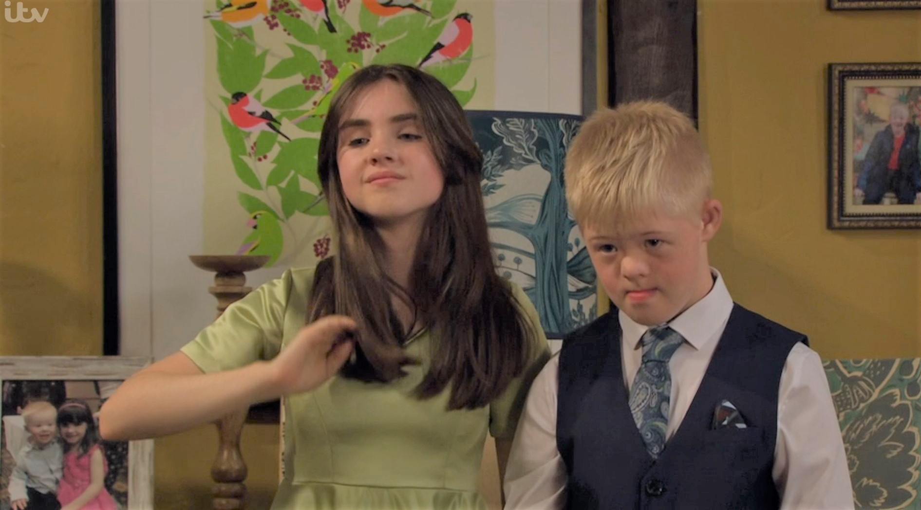 April and Leo in Emmerdale smile trying on wedding outfits