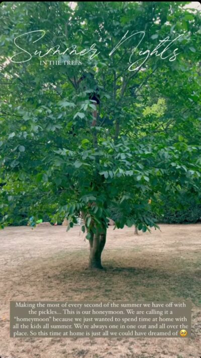 Shows Stacey Solomon's child climbing a tree with white text over the picture.