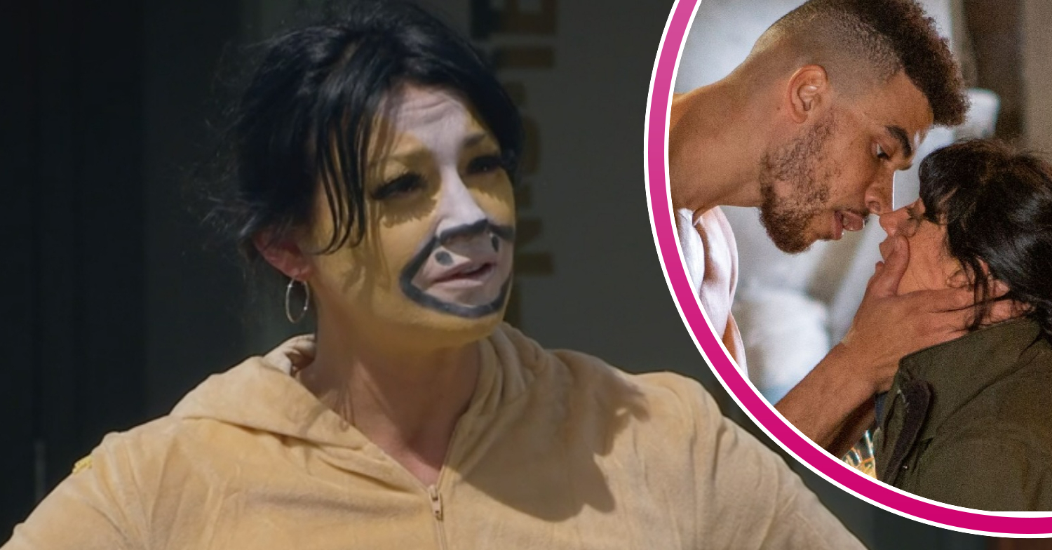 Moira in cow costume in Emmerdale