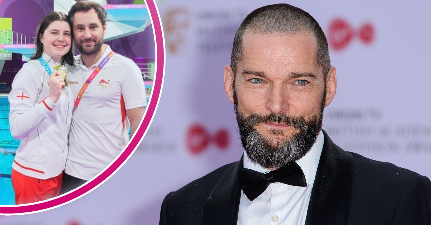 Large picture shows Fred Sirieix smiling at camera. The smaller picture within a half circle shows a picture of Andrea Spendolini-Sirieix holding a medal at the 2022 Commonwealth Games.