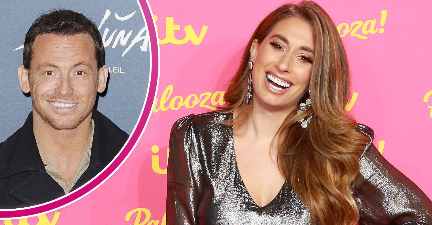 Stacey Solomon in large picture smiling. On the left, Joe Swash is in a half circle frame smiling at the camera