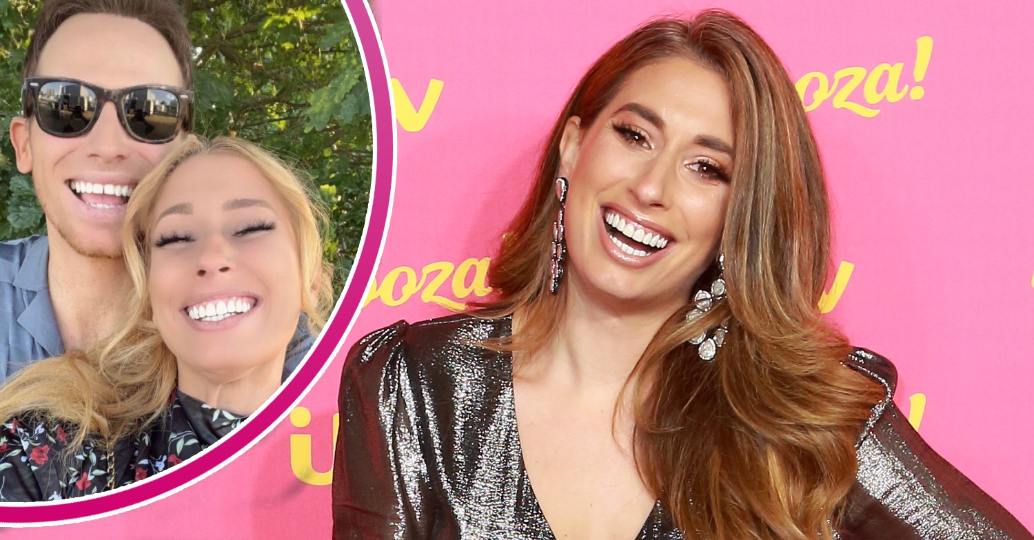 On the larger picture to the right Stacey Solomon smiles for a press picture. On the left, in a half circle, Stacey and husband Joe Swash smile in a selfie.