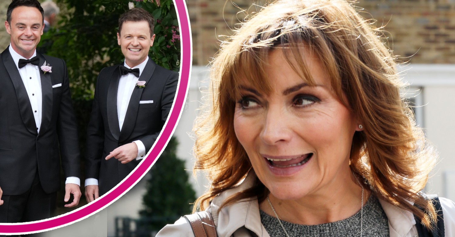 On the right hand side, a large picture of Lorraine Kelly smiling. On the left hand side, in a pink half circle frame, a picture of Ant and Dec.