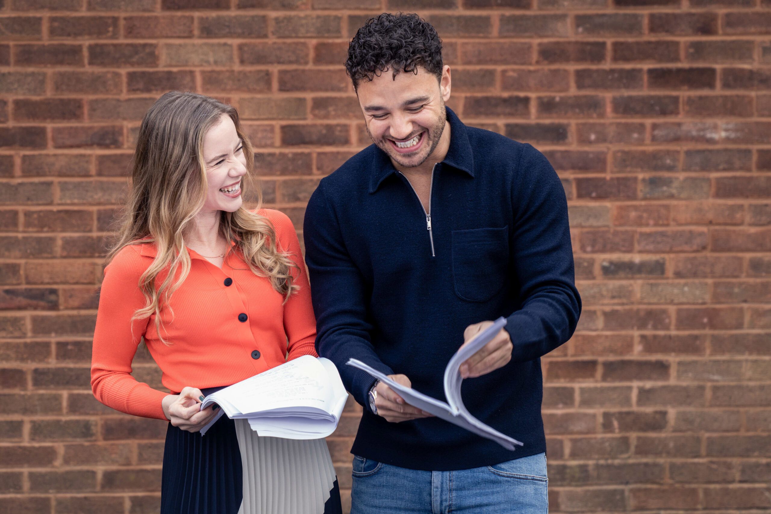 Adam Thomas and Katie Griffiths reading scripts, reuniting on the set of Waterloo Road