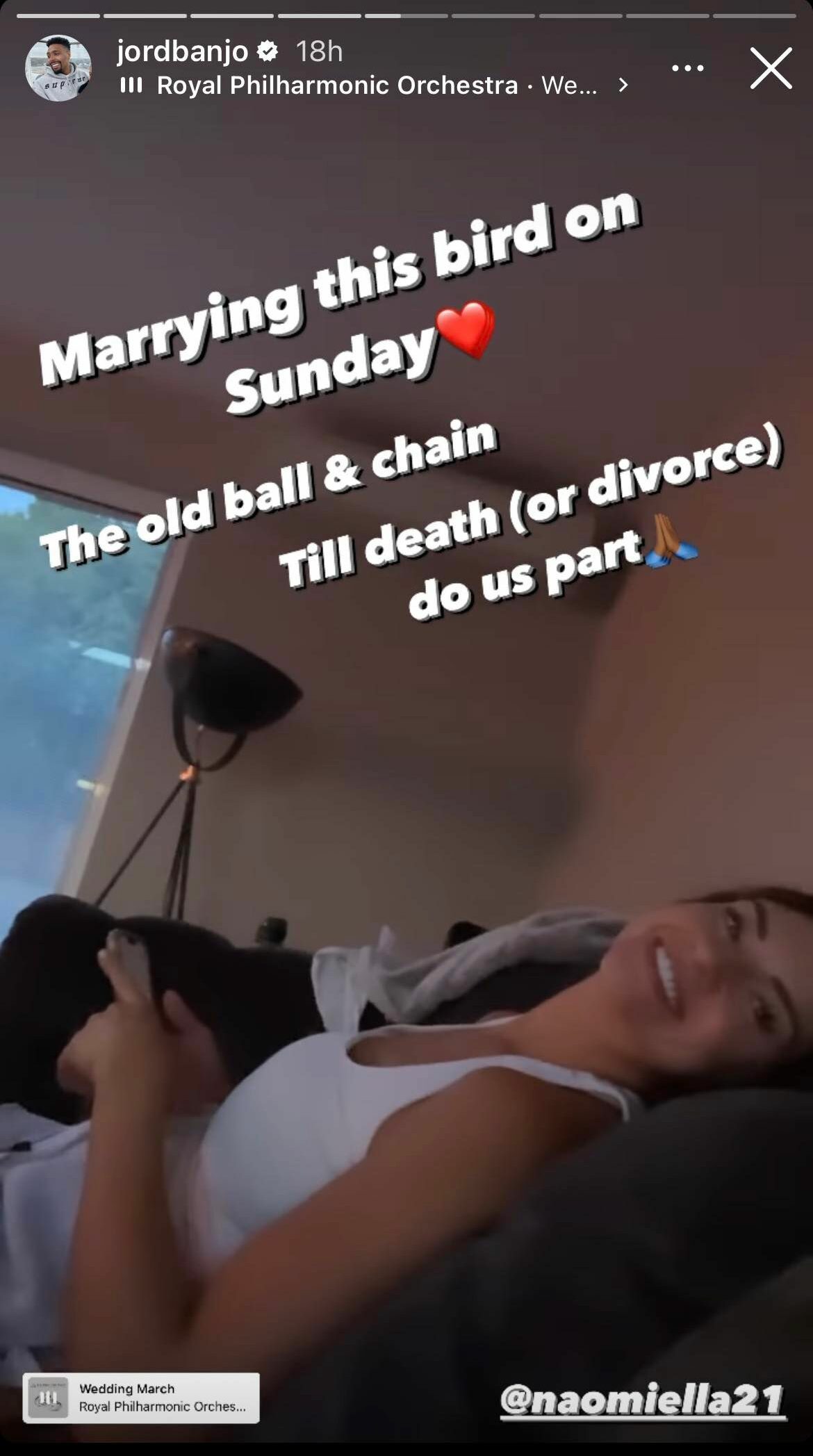 Jordan Banjo's fiancee Naomi lays her head back on a couch