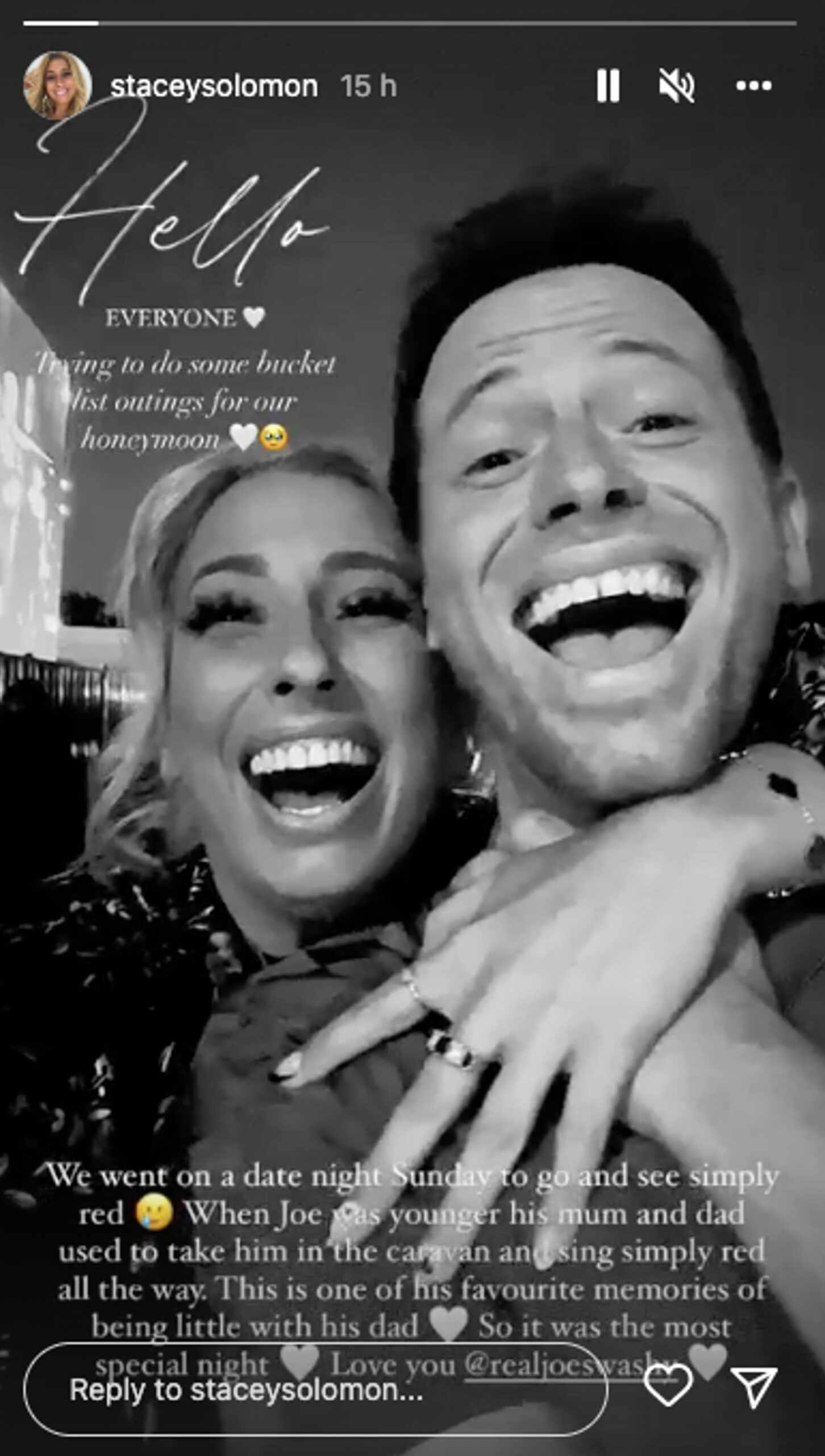 Stacey Solomon and Joe Swash smiling on her Instagram story