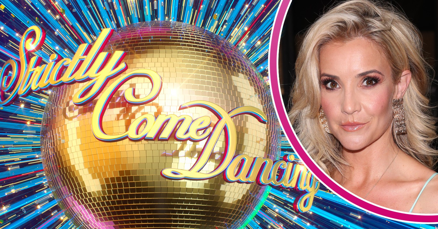 Strictly 2022 logo and Helen Skelton poses at event