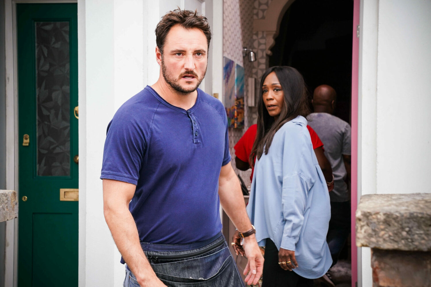 EastEnders Martin Fowler talks to Kim Howie and Denise and looks stressed