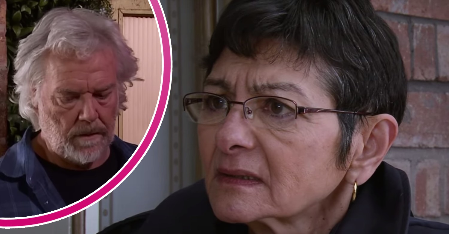 Coronation Street Stu looks down and Yasmeen looks irked