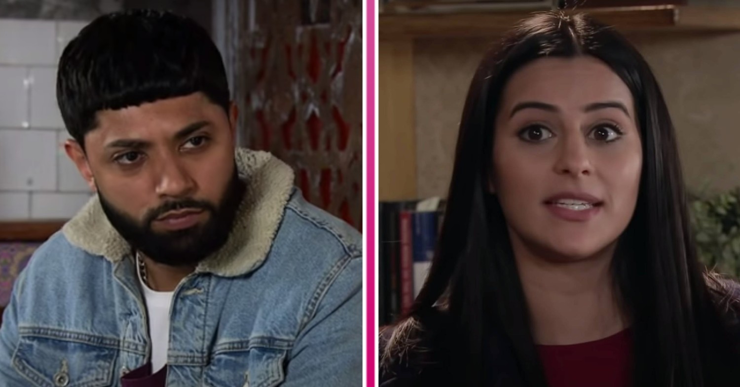 Coronation Street spoilers image shows Zeedan looking suspicious and Alya looking surprised