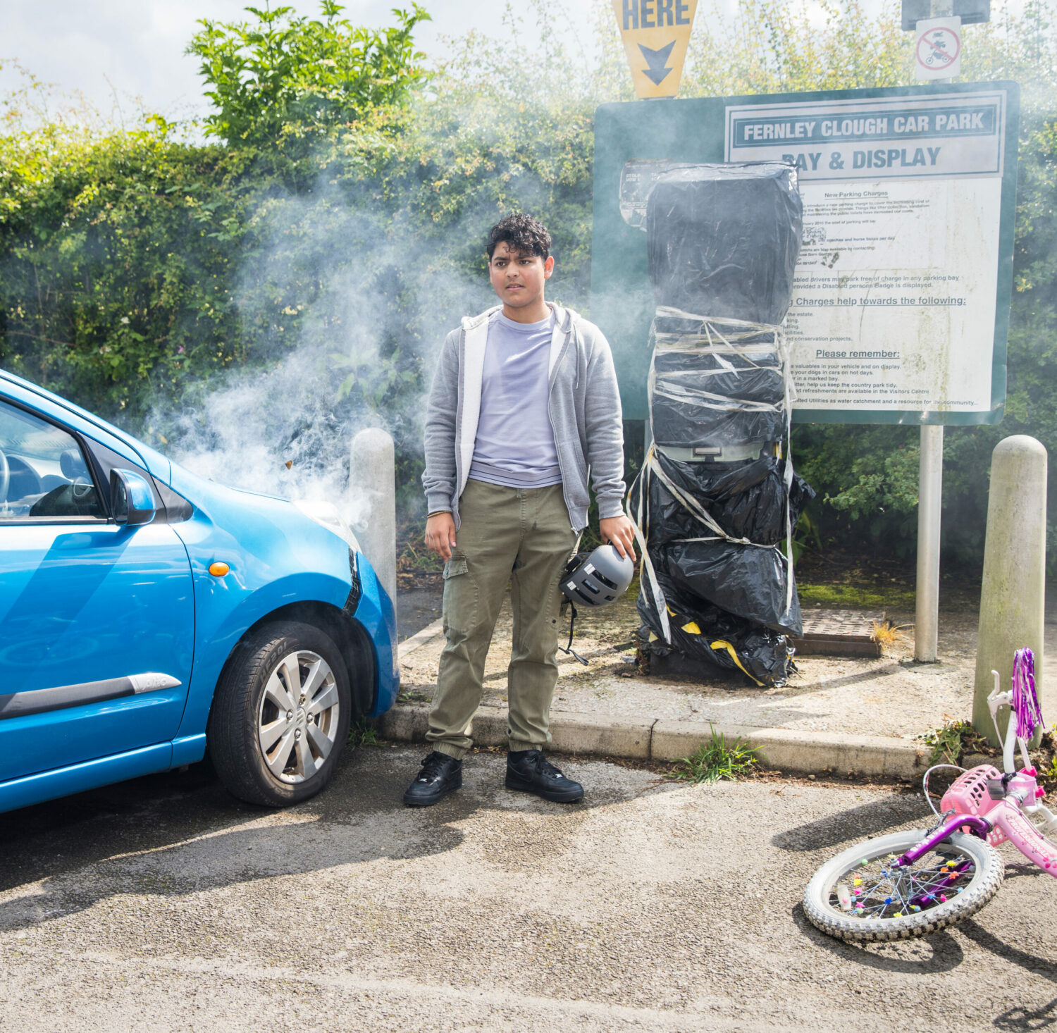 Corrie Aadi is shocked to see the car crashed into a bollard