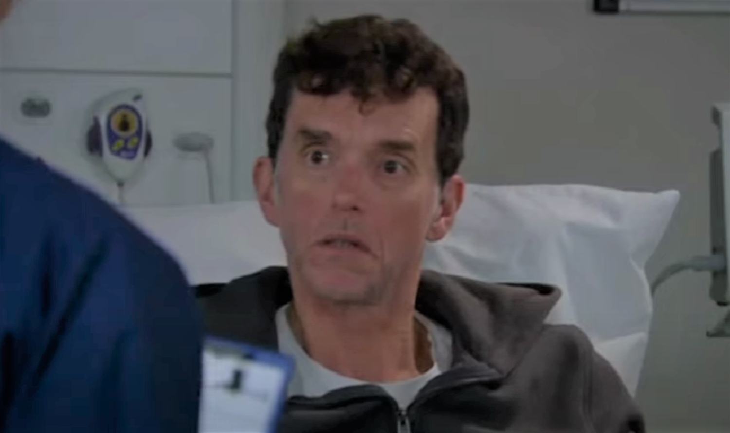 Marlon in hospital looking worried in Emmerdale 