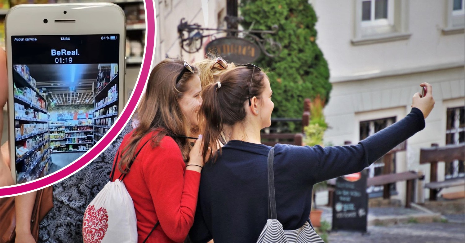 BeReal app on phone and women taking a photo