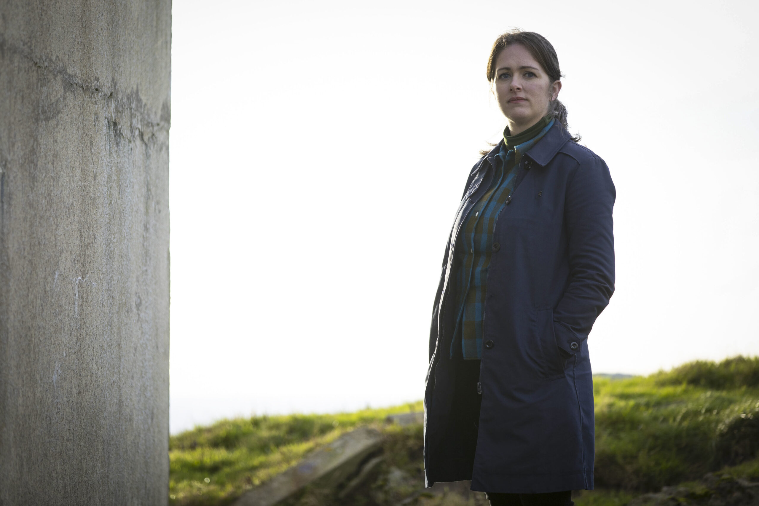 Alison O'Donnel as Tosh in Shetland series 7, overlooking a hill