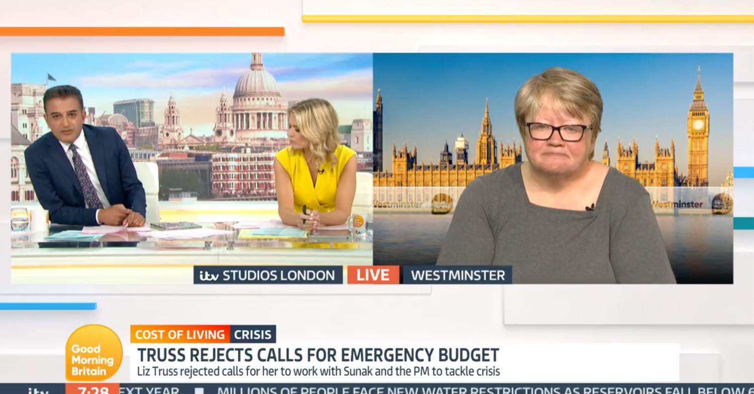 Adil Ray and Charlotte Hawkins interviewing Thérèse Coffey MP on GMB today