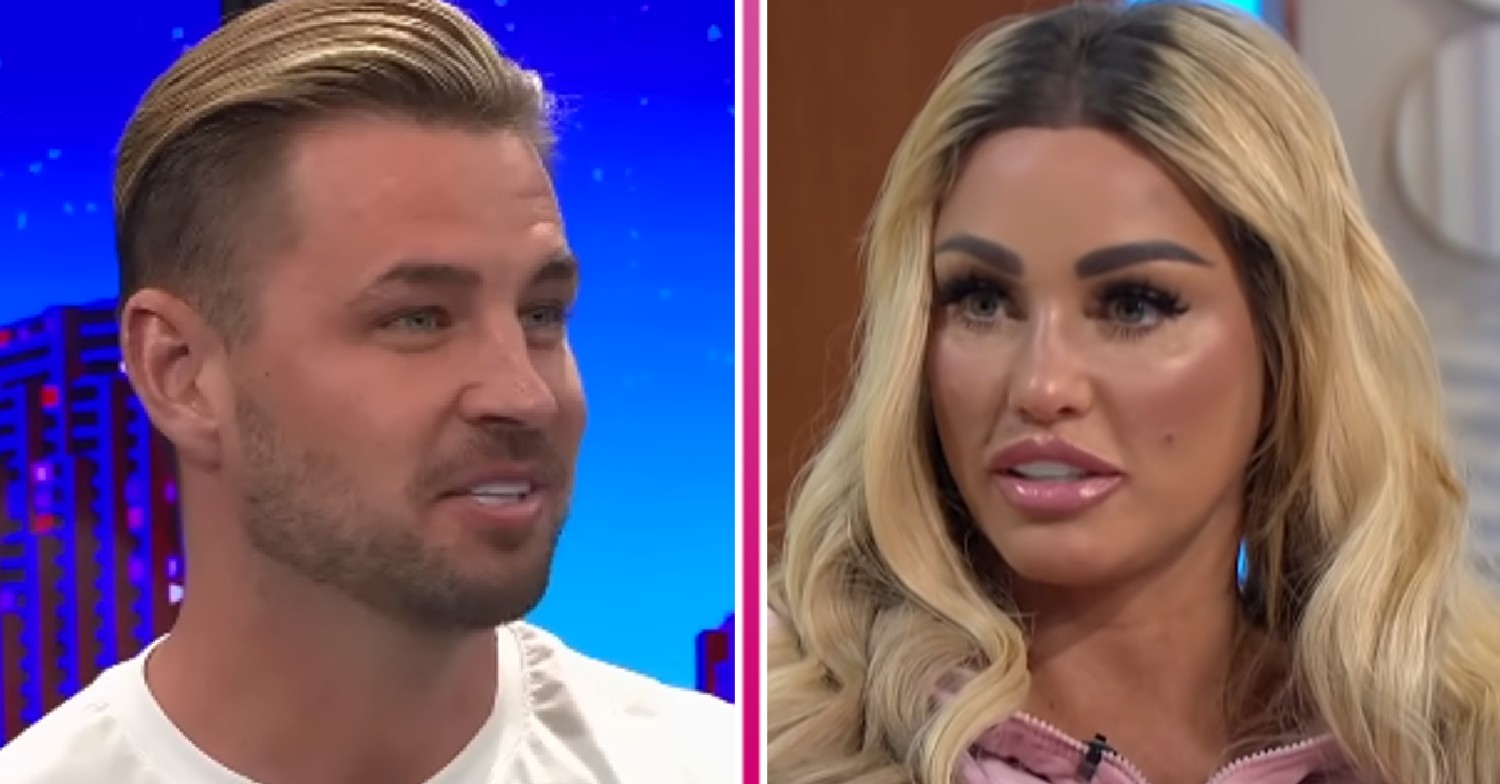 Carl Woods smiling on GB News and Katie Price talking on Lorraine