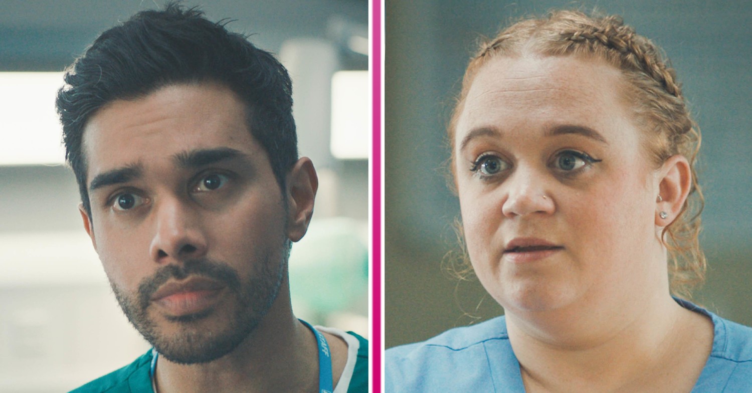Rash and Robyn looking worried in Casualty