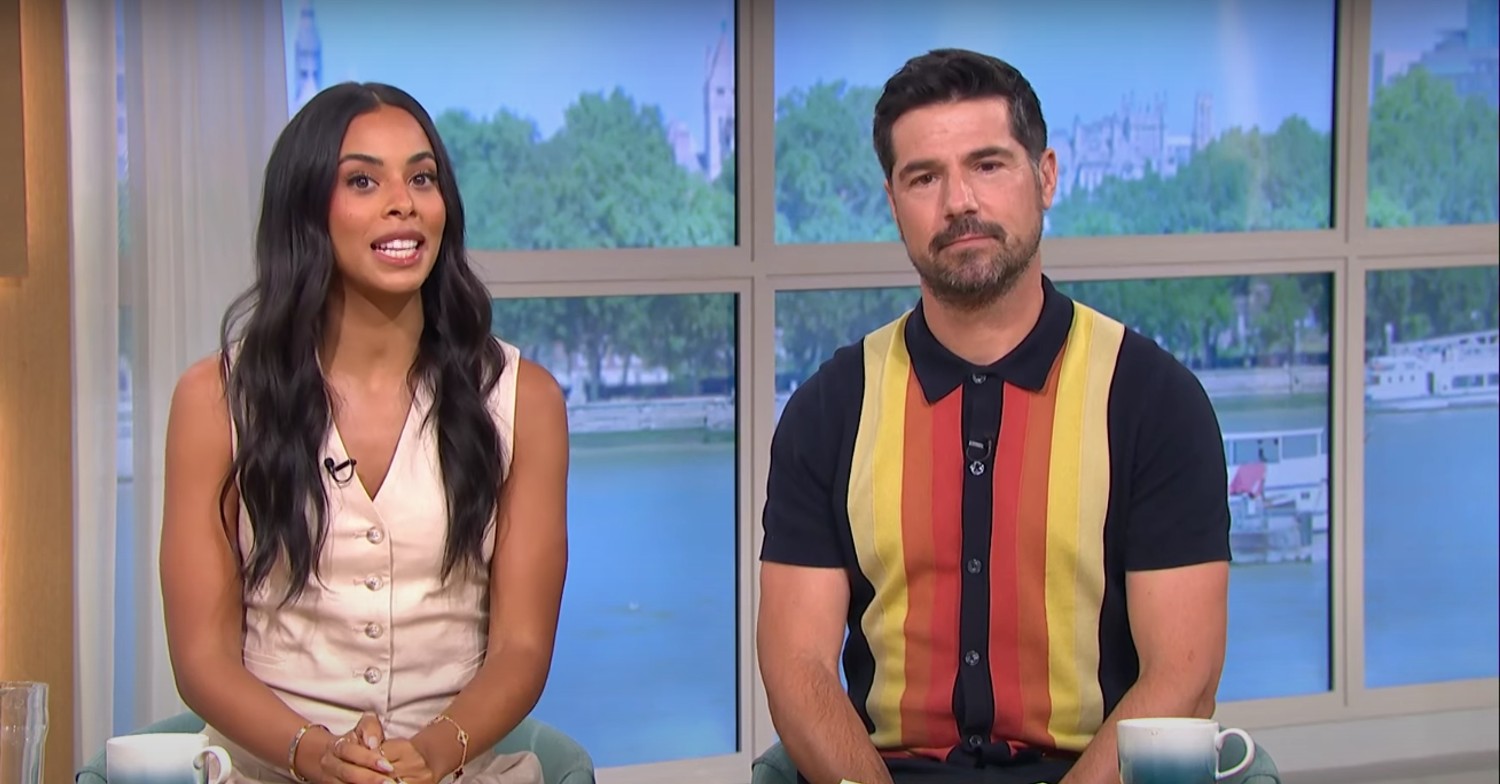 Rochelle Humes smiling and Craig Doyle looking serious on ITV This Morning